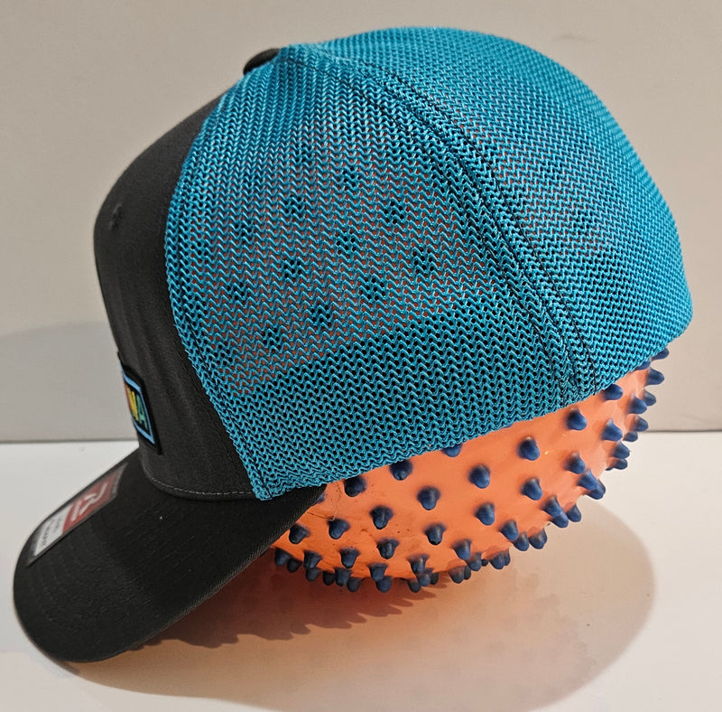 Load image into Gallery viewer, Trucker Cap - Fitted - Charcoal and Neon Blue - Rainbow
